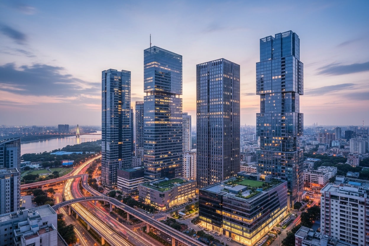 Tall modern skyscrapers stand illuminated against a dusky evening sky, with light trails from heavy traffic winding along elevated roadways below.