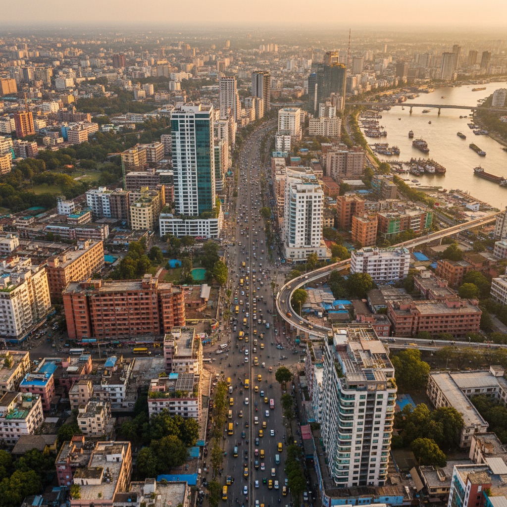 An aerial view of a bustling city at sunset, featuring a wide multi-lane avenue filled with traffic cutting through the dense urban landscape alongside a winding river with docked boats.